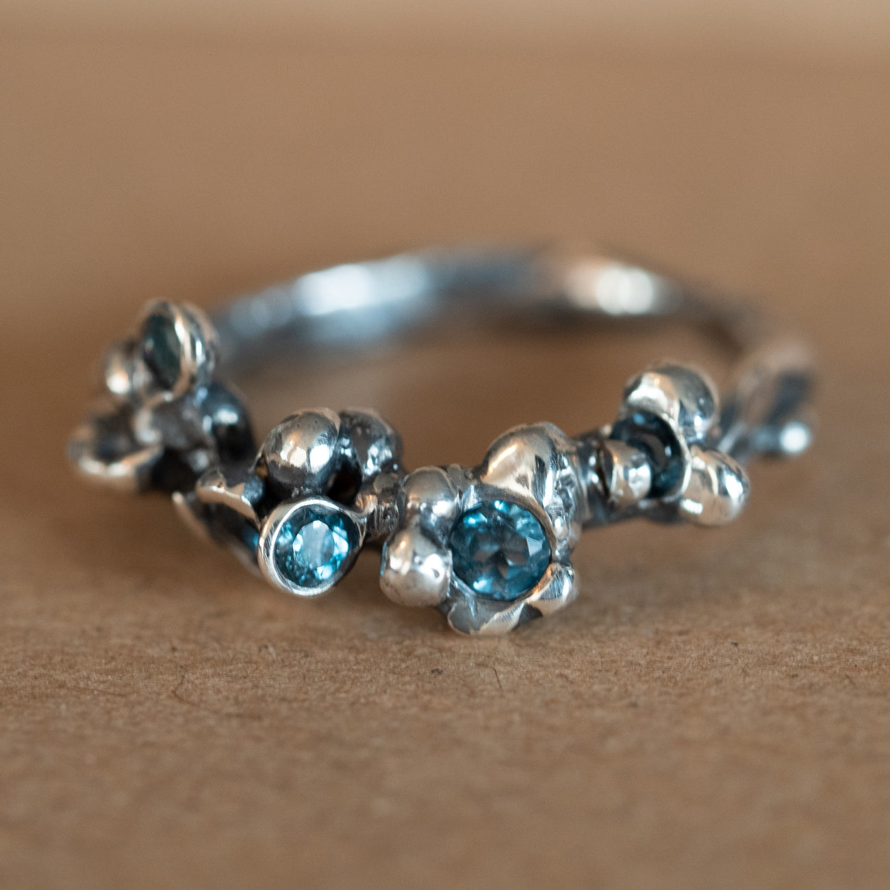 Bobble ring | Oxidised Recycled Sterling Silver with London blue Topaz